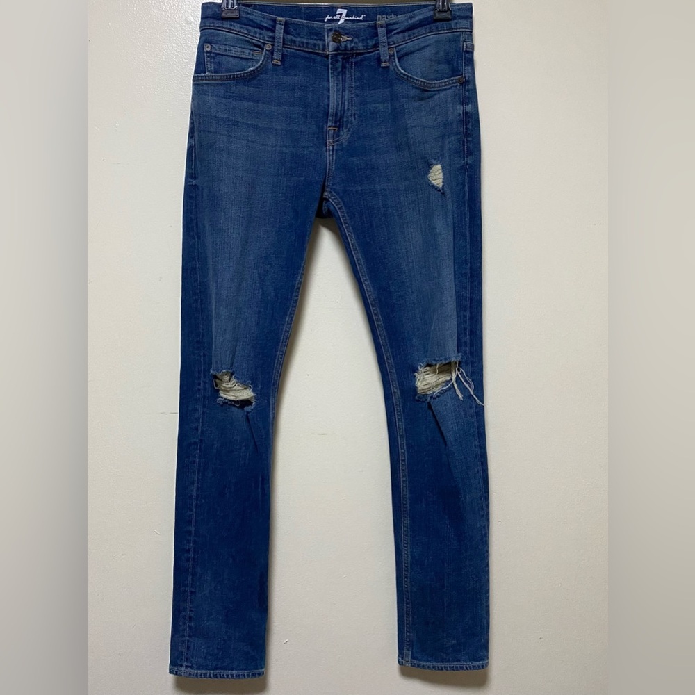 7 For All Mankind Mens Jeans Paxtyn Tapered Skinny Distressed Ripped Denim Sz 32